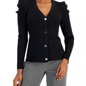 NWT Anne Klein Women's Black Ribbed Puff-Sleeve Button-Up Cardigan